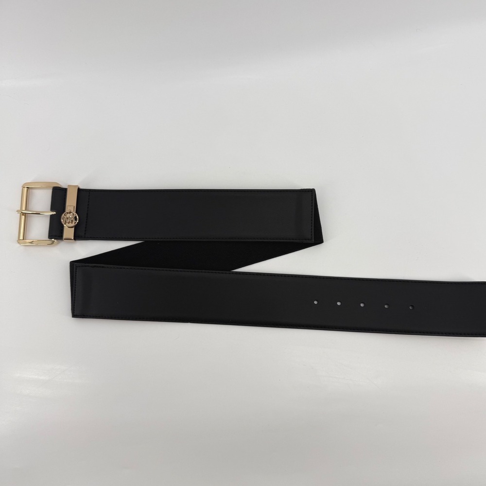 Michael Kors Black Leather Wide Elastic Waist Belt Gold Buckle MK Logo L/XL